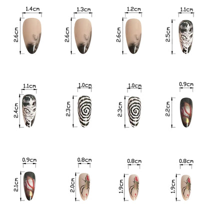 24pcs Black Spider Fake Nails y2k Punk Style Girls Painted False Nails Full Cover Wearable Japanese Almond Press On Nails Tips