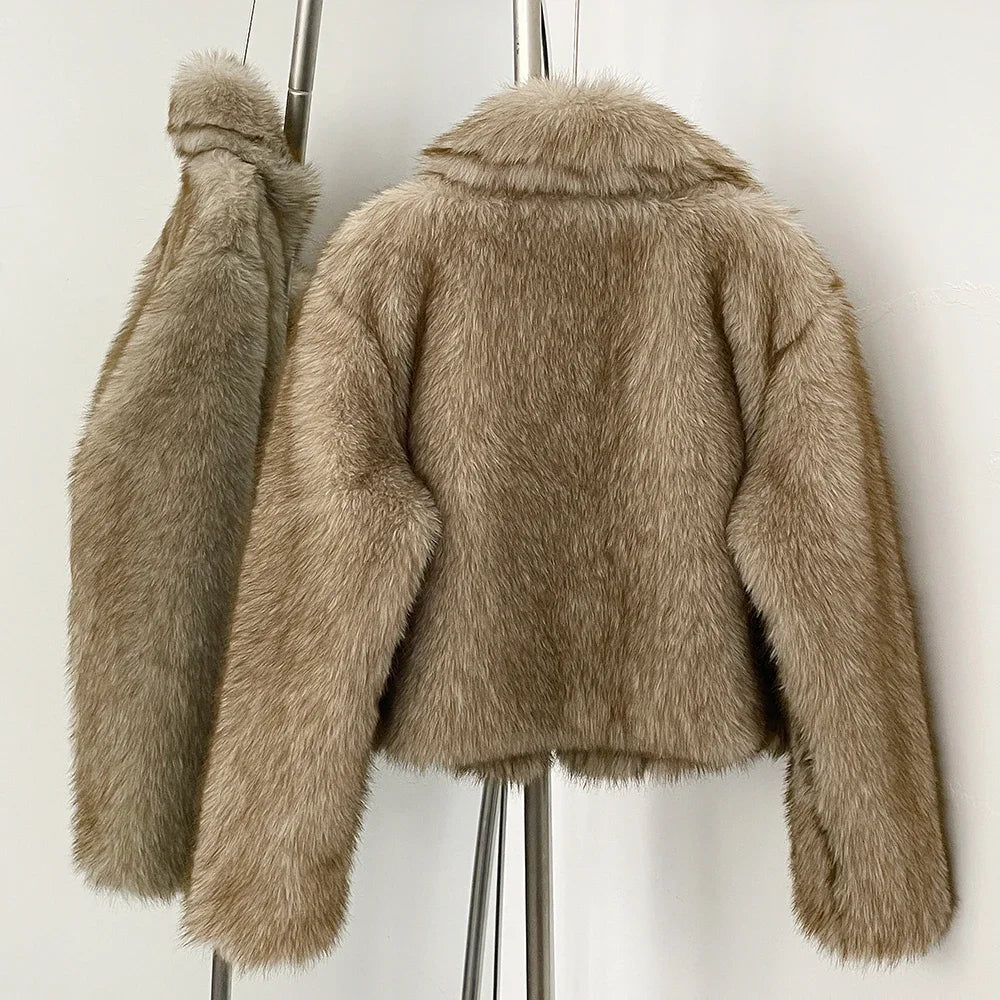 OFTBUY Faux Fur Jacket Women Fashion Vintage Turn-Down Collar Coat Long Sleeve Fur Coat Eco-friendly Autumn Winter Streetwear