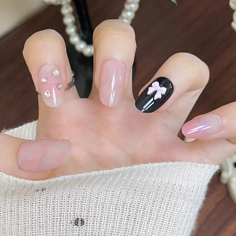 24PCS Cute Red Bowknot Short Oval Press on Nail with Glue Cartoon Cat Glossy French Fake Nails for Girls Wearable Ins Nail Tools