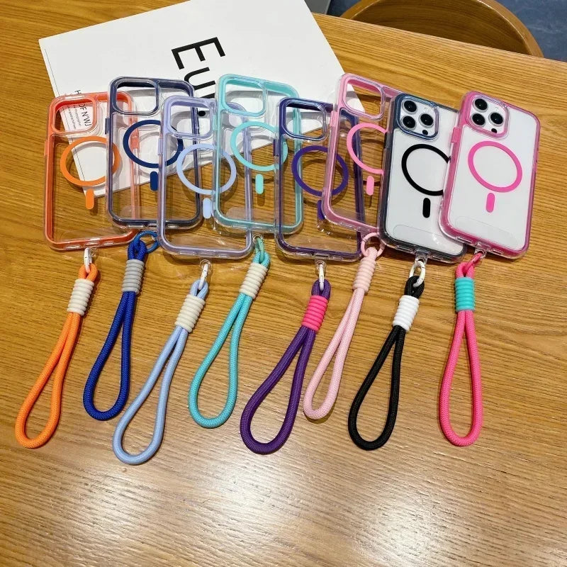 Airbag Shell Magnetic Short Hanging Rope Transparent Magsafe Case for IPhone 16 15 14 13 12 11 Pro Max Plus Shockproof HardCover