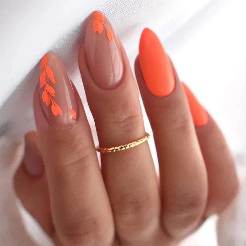 24pcs Almond False Nails Tips Summer Beach Colorful Nails Sets with Pearl Flower Design Press on Nails Art Wearable Fake Nail