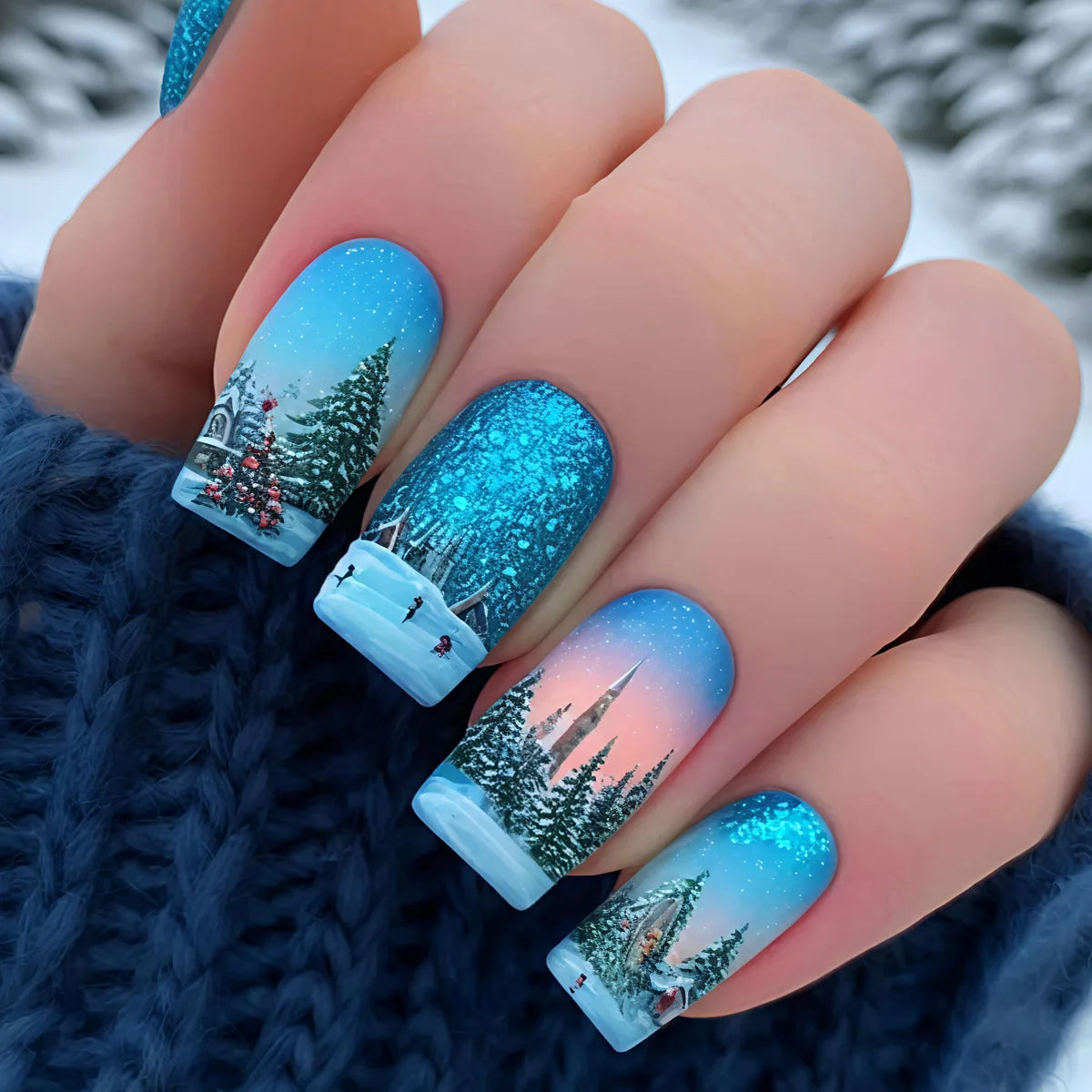 Medium long fake nails for Chirstmas party Square almond tips christmas tree snowflake gift snowman press on false nail art set