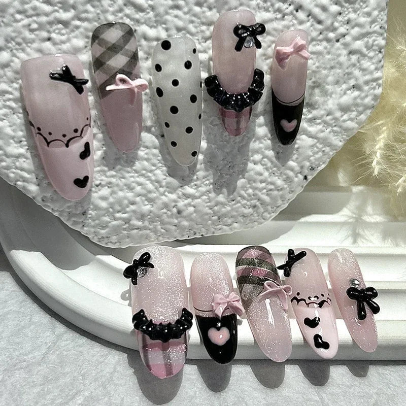 Black Pink Sweet French Almond Handmade Press On Nails Grid Polka Dot Love Skirt Ballet Fake Nails Princess Cute Bow Nail Art
