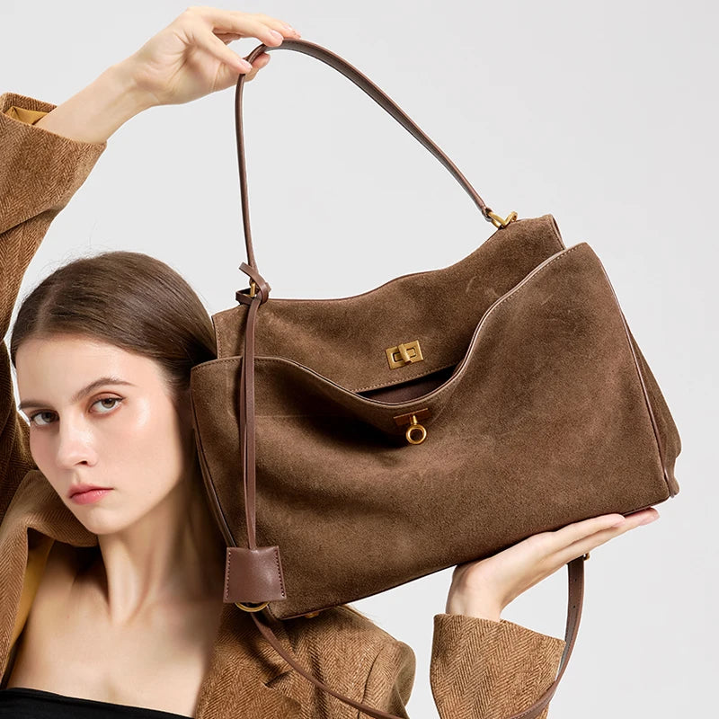 2025 Autumn Winter Women's Suede genuine leather Bag Shoulder Handbag Large Capacity Single Tote Bag Handbag Luxury Designer Bag