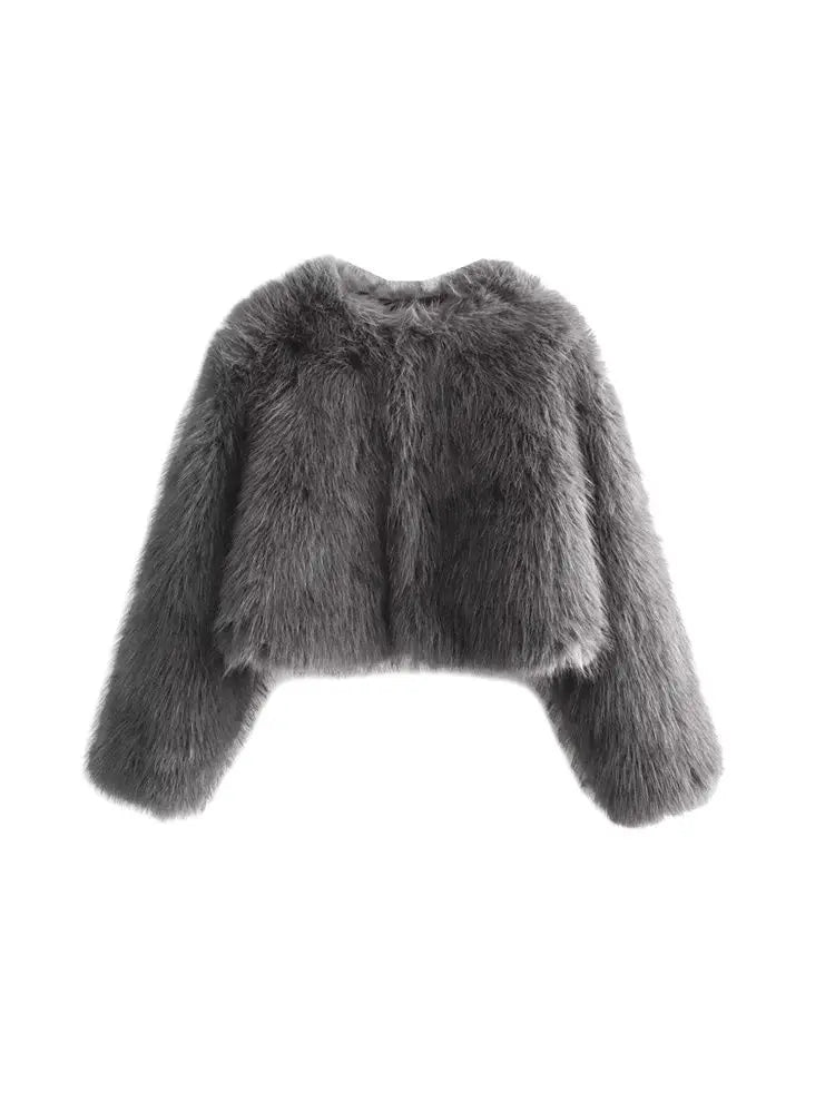 Women's Thick Warm Faux Fur Cropped Jacket, O Neck, Long Sleeve, Female Outerwear, Chic Tops, Fashion