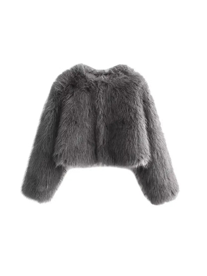 Women's Thick Warm Faux Fur Cropped Jacket, O Neck, Long Sleeve, Female Outerwear, Chic Tops, Fashion