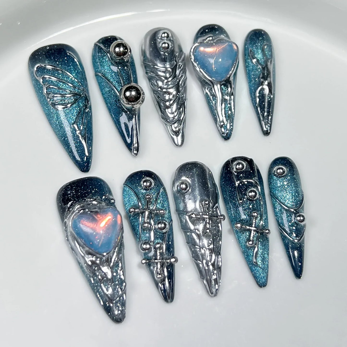 10Pcs Black Handmade Press On Nails Coffin Fake Nails Full Cover Gradient Metal Contrast Artificial Manicure Wearable Nail Tips