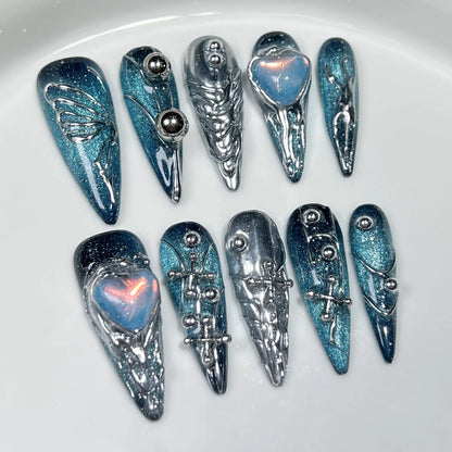 10Pcs Black Handmade Press On Nails Coffin Fake Nails Full Cover Gradient Metal Contrast Artificial Manicure Wearable Nail Tips