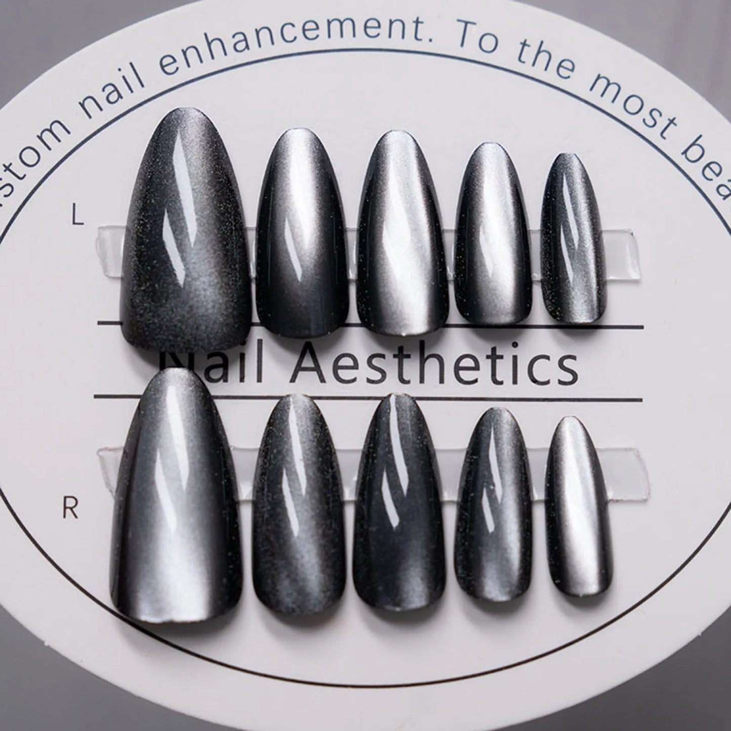 24pcs/box Long Almond Green Cat's Eye False Nails Glitter Aurora Artificial Fake Nails Press On Round Nail Tips Fashion Nail Art