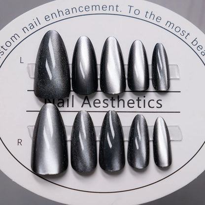 24pcs/box Long Almond Green Cat's Eye False Nails Glitter Aurora Artificial Fake Nails Press On Round Nail Tips Fashion Nail Art