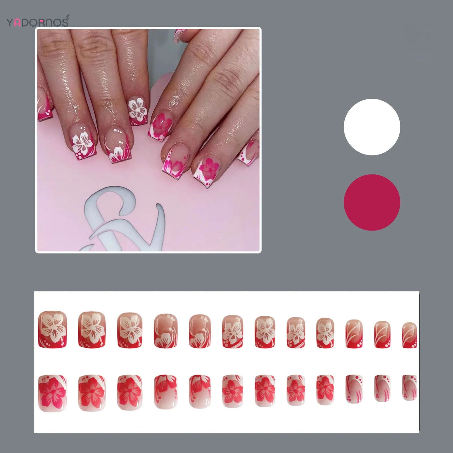 24Pcs Fairy White Flower Fake Nails Pink French Tip Press on Nails Short Square Wearable False Nail for Women Girls DIY Manicure
