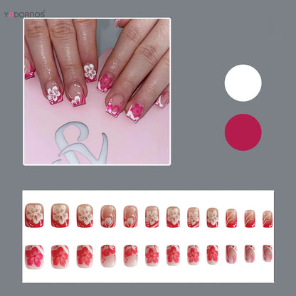 24Pcs Fairy White Flower Fake Nails Pink French Tip Press on Nails Short Square Wearable False Nail for Women Girls DIY Manicure