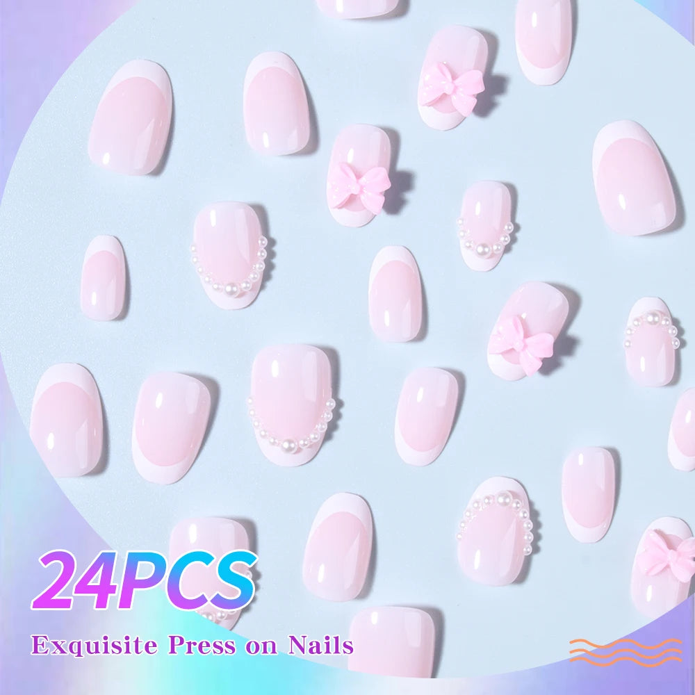24pcs short oval White French Tip Press On Nails short Bow with pearls design Fit Perfectly Acrylic False Nail set,contain 1pcs