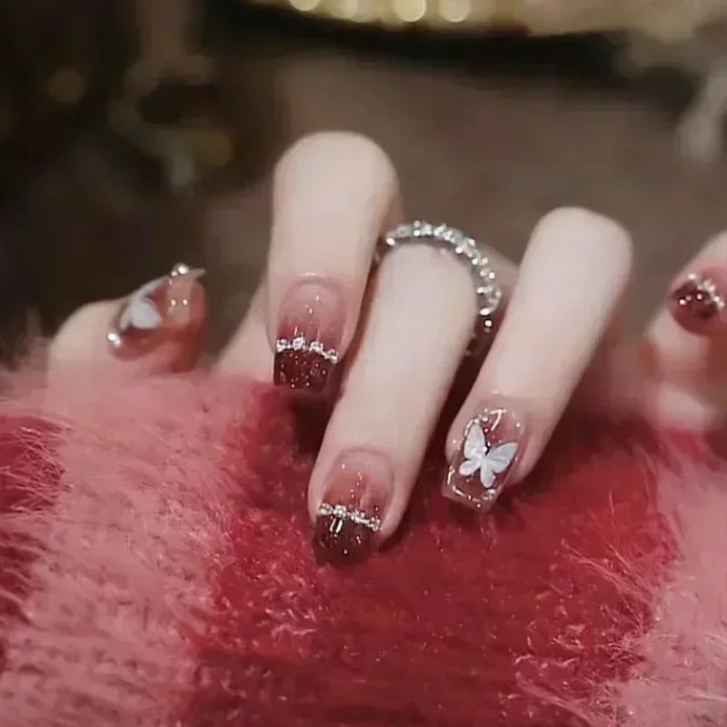 24pcs Red Rose Fake Nails Long Flower Ballet Press on Nails Design French False Nail Full Cover Wearable Fake Nail Tips Art