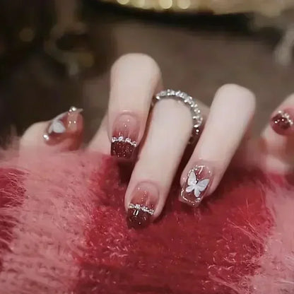 24pcs Red Rose Fake Nails Long Flower Ballet Press on Nails Design French False Nail Full Cover Wearable Fake Nail Tips Art