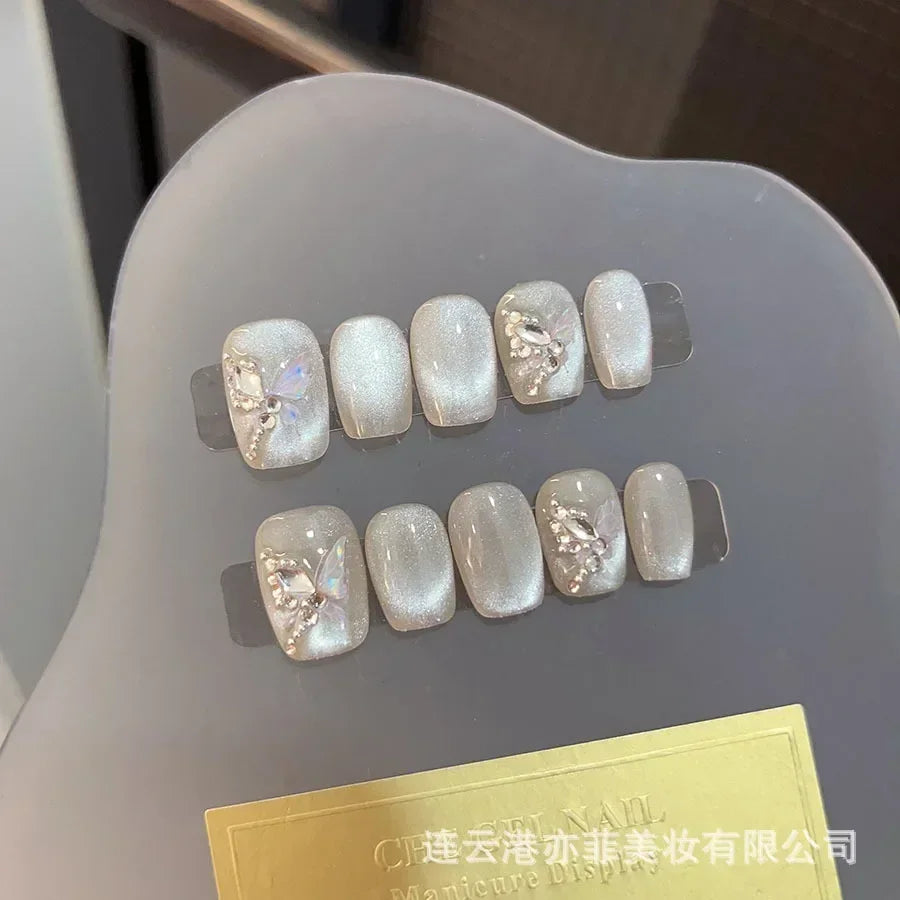 10Pcs Red Cat Eye Handmade Press on Nails Flower Fake Nails Wearable Stick-on Nails Full Cover False Nail Uñas Postizas 네일팁