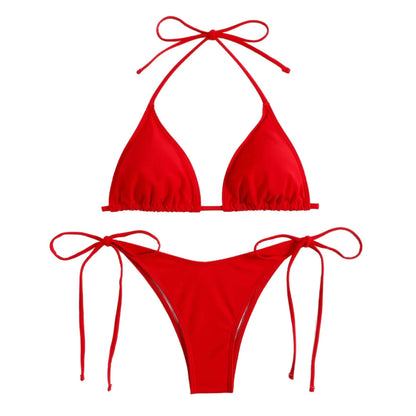 Bikini three-point swimsuit sexy drawstring strap halter bikini solid color lace-up split swimsuit