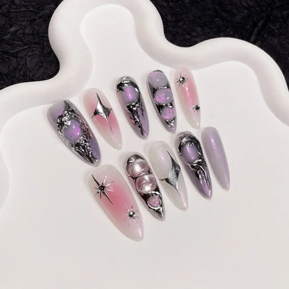 10Pcs Black Handmade Press On Nails Coffin Fake Nails Full Cover Gradient Metal Contrast Artificial Manicure Wearable Nail Tips