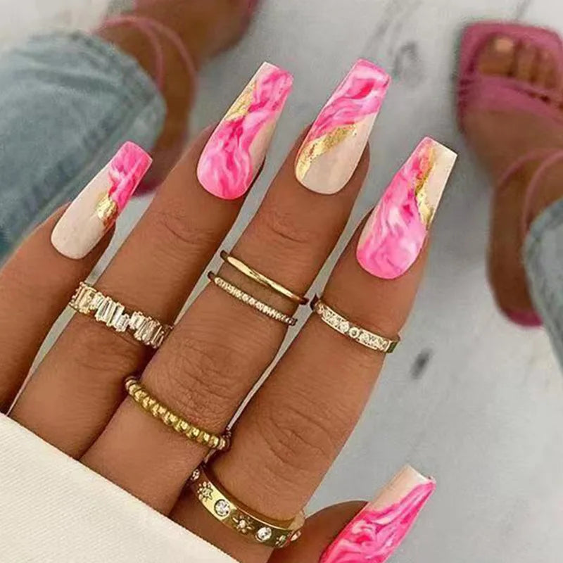 24pcs Press on Nails Flower Design Mid-length Ballet False Nail Fashion Brown Full Cover Manicure Tips Datachable Fake Nails Set