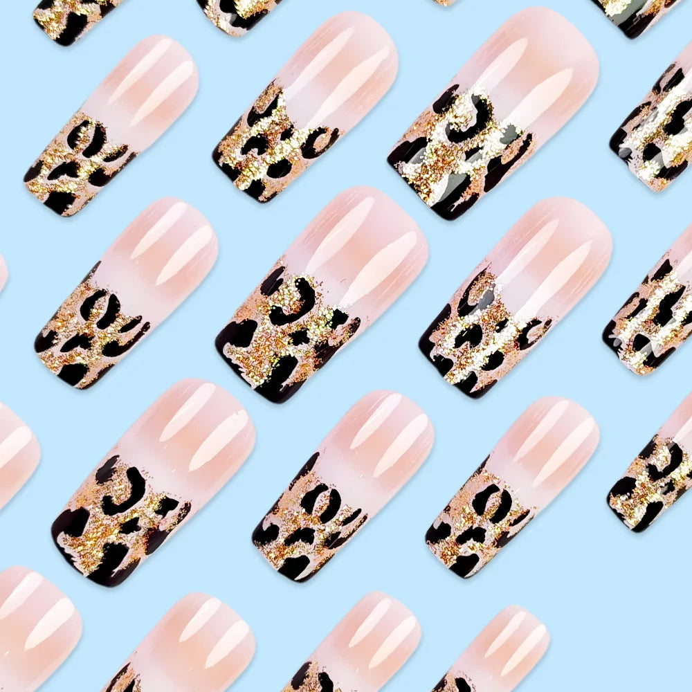 24pcs Luxe Fashion Press-On Nails Set - Long Square Glossy Finish with Leopard Print French Design - Perfect for Women and Girls