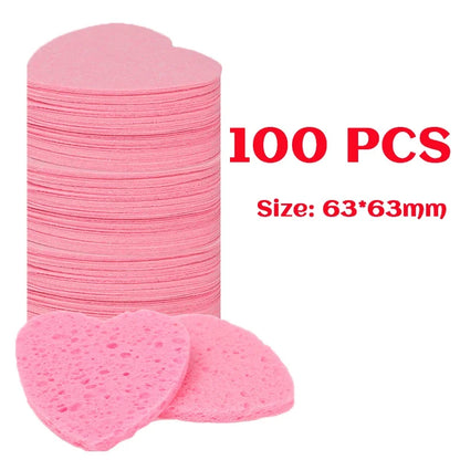 200Pcs Compress Face Wash Puff Reusable Heart Shape Sponges Face Cleansing Pads Strong Water Absorption Natural Wood Pulp Cotton