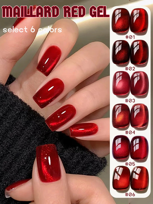 1-6pcs WS New Year Nails Autumn Winter Red Nails Golden Cat Eye Gel Nail Polish 2025 Y2K Nails Flash Whitening Popular Nail Art
