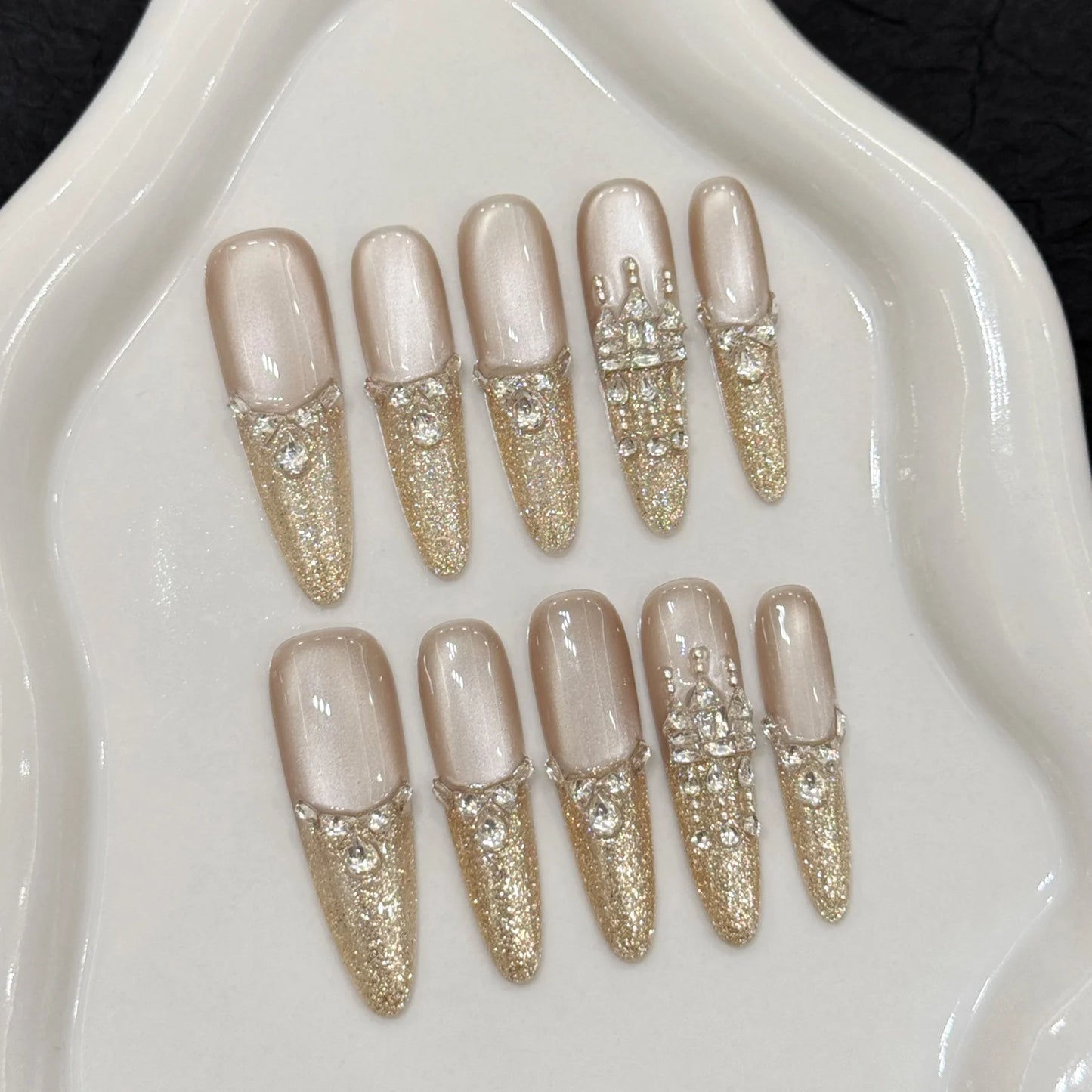 10pcs Long Almond Fake Nails Tips With Green Cat's Eye Handmade French Press On Nail Flower Pearl Design False Nail Detachable