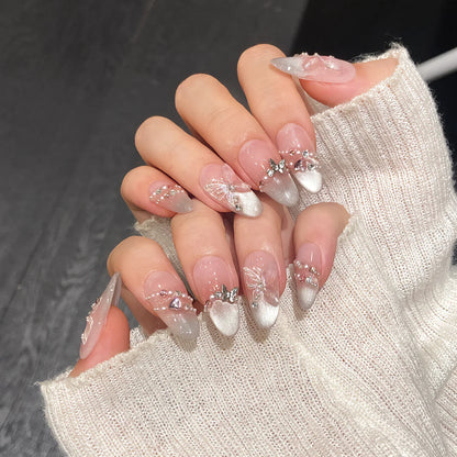 10pc Cat Eye Almond Handmade Press on Nails Light Blue Bow Fake Nails False Nails Artificial Nail Wearable Nail Tips Art Uñas
