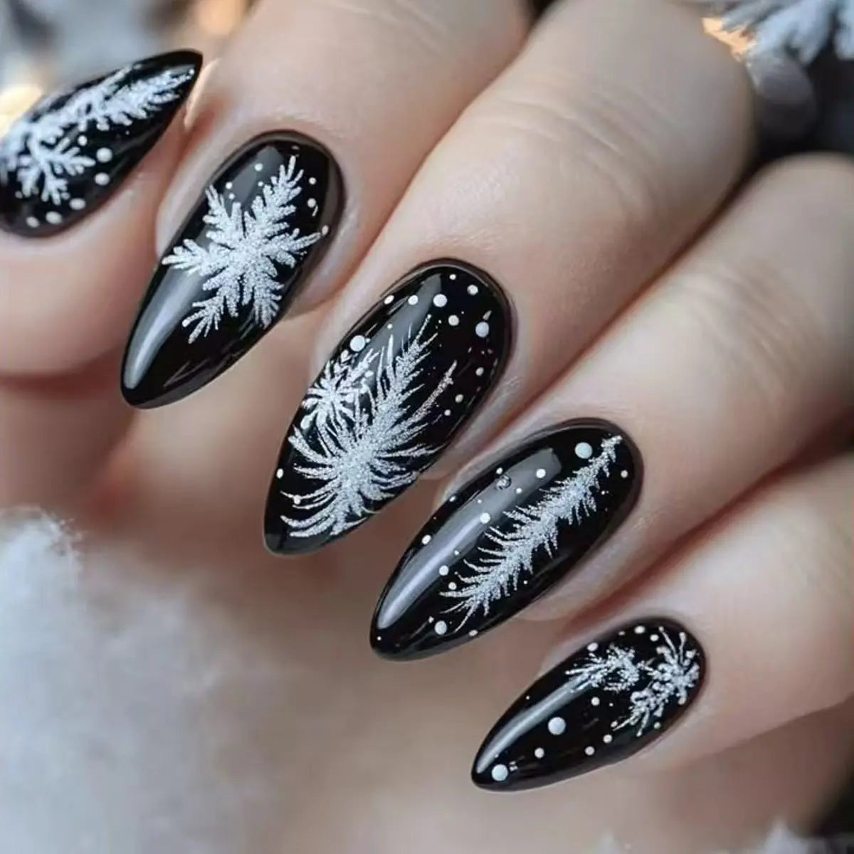 Medium Long fake nails for Christmas Black red blue nail tips white snowflakes fireworks Square almond tips press on false nails
