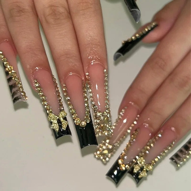 24Pcs Gold French Border False Nails Long Coffin False Nails with Rhinestones Ballerina Full Cover Nail Tips Press on Nails