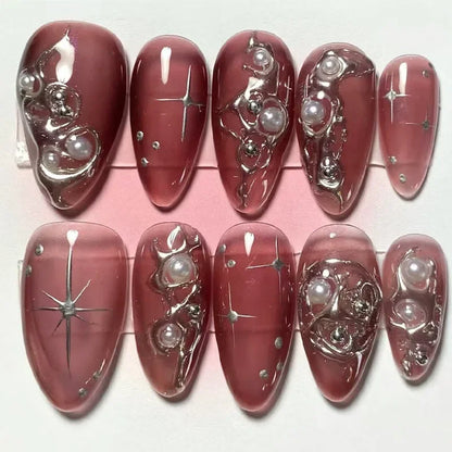 24Pcs Cyber Punk Style Almond False Nails Press on Pink Blush Full Cover Fake Nails 3D Ombre Wearable Acrylic Nail Manicure Tips