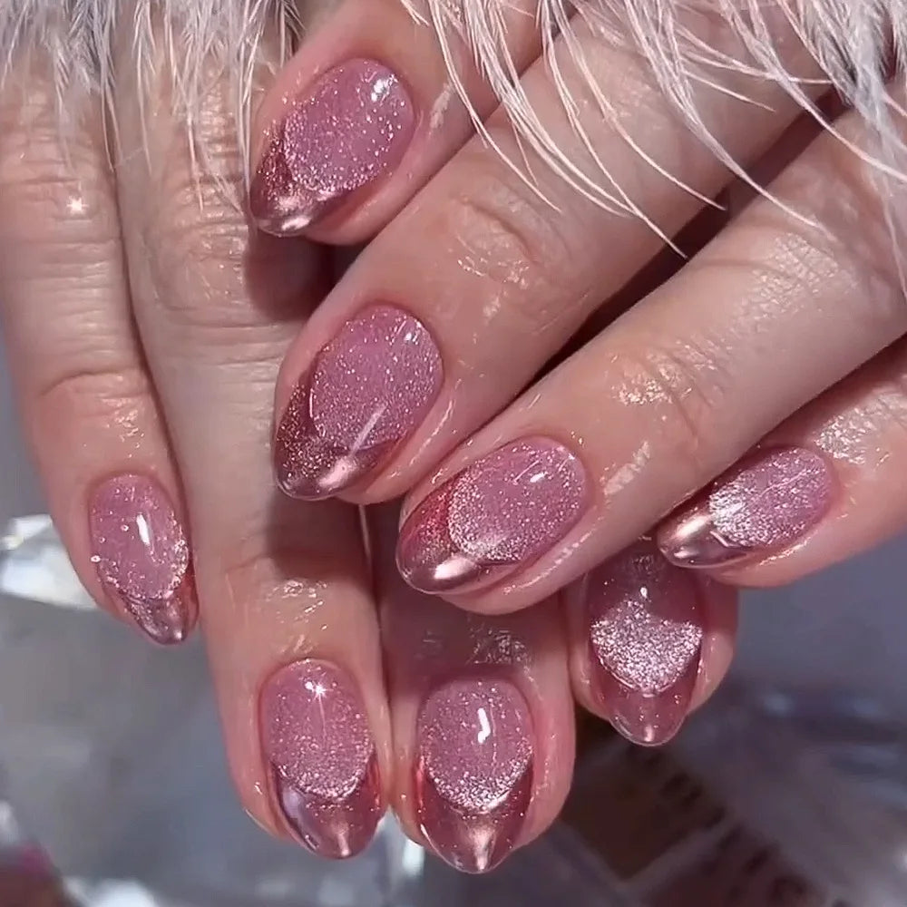 24Pcs Solid Color Grey Almond Fake Nail Cat's Eye Design Wearable Round Head False Nails with Shiny Powder Press on Nails