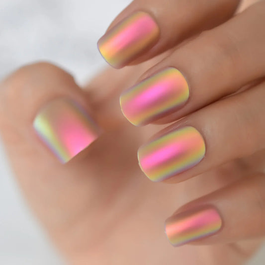 Metallic Square Colorful Short Length Dating Press On Nails Women Or Girl