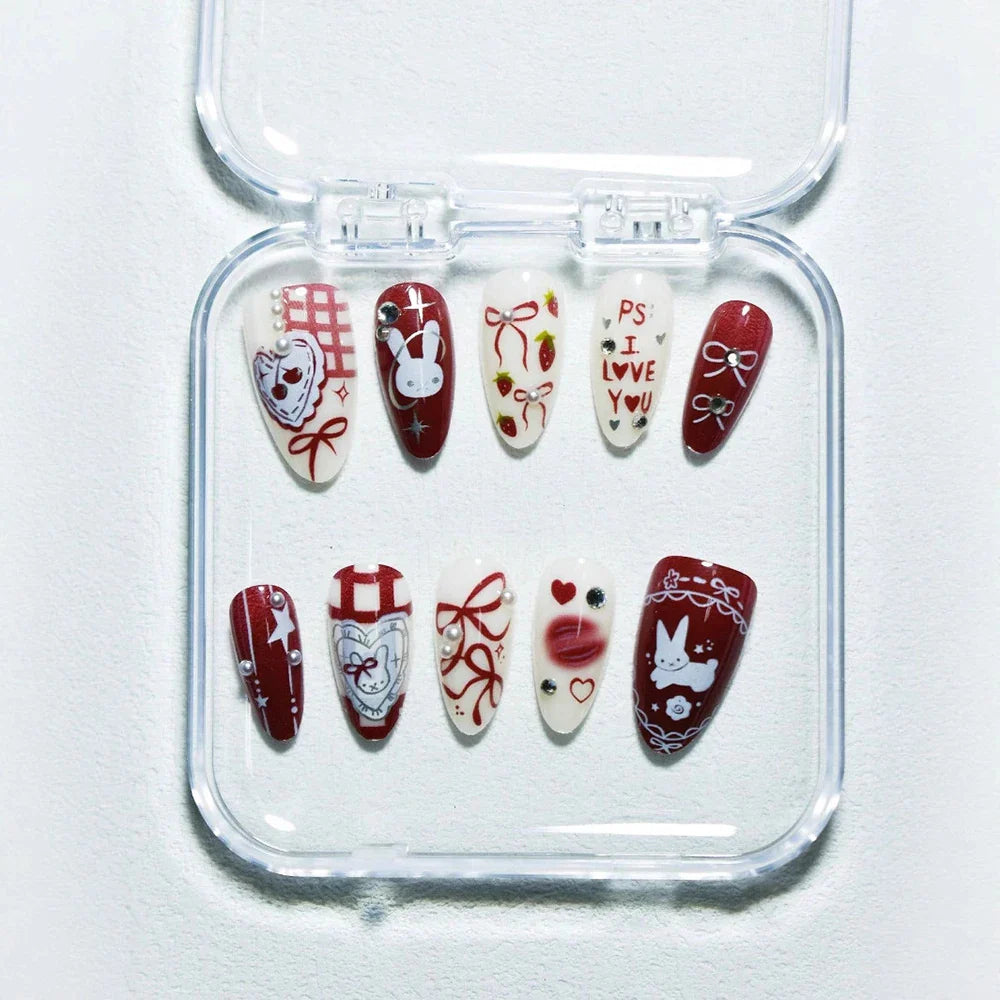30Pcs Butterfly Cartoon Rabbit Press on Nails Medium Almond Fake Wine Red Almond Rhinestone Pearl Design DIY Fingernails Y2K