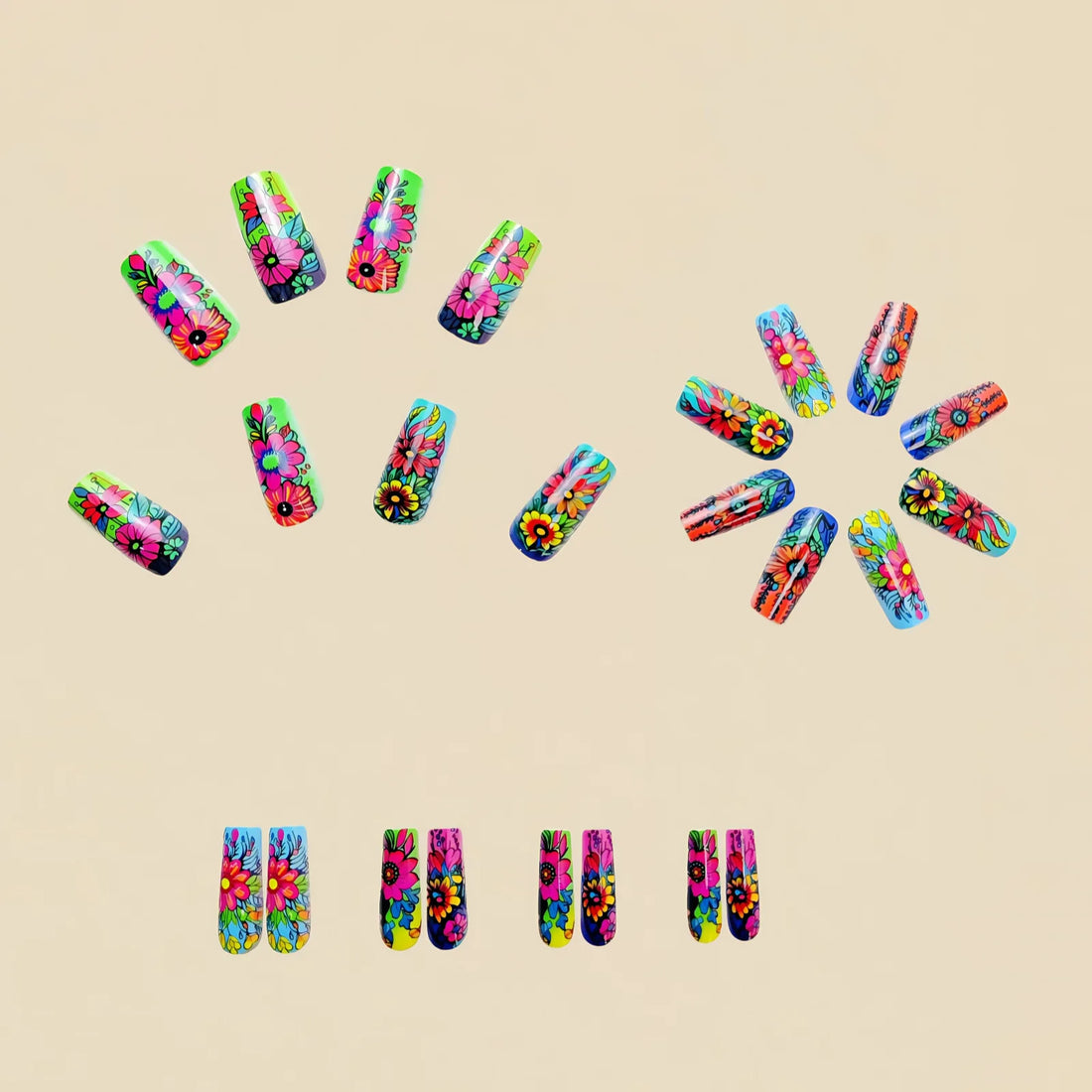 24Pc Colorful Sunflower Pattern Design Fake Nails Detachable Long Ballet Press on False Nails Fashion Nails Art Tips for Spring.