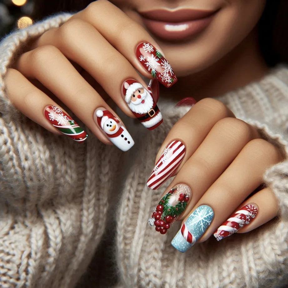 Medium long fake nails for Christmas party Cute snowman Santa Claus gift snowflake square almond tips Press on false nail art