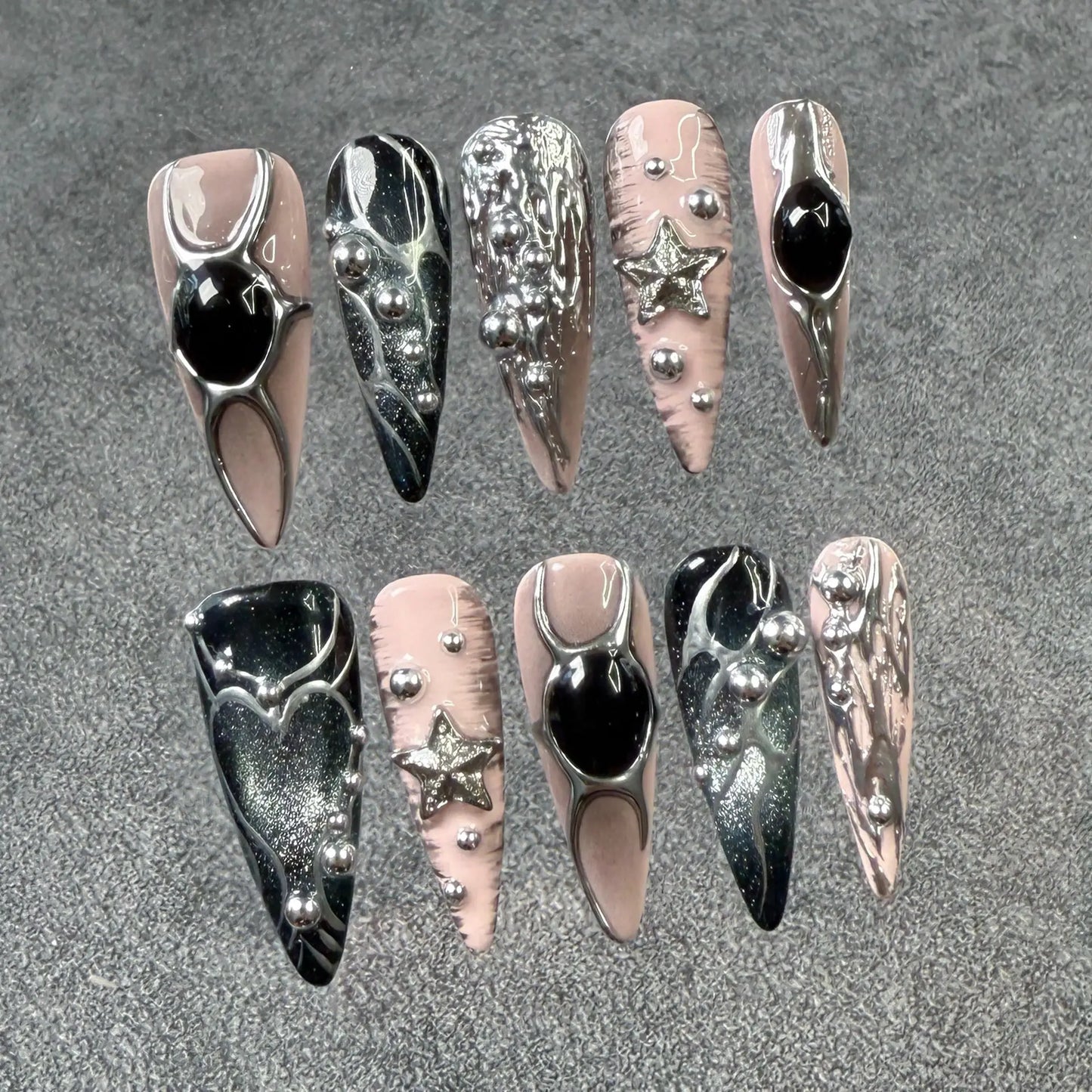 10pcs Stiletto Almond Press On Nails Dark Blue Cat Eye y2k False Nails With 3D Design Artifical Detachable Full Cover Nail Tips