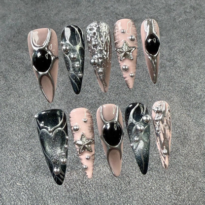 10pcs Stiletto Almond Press On Nails Dark Blue Cat Eye y2k False Nails With 3D Design Artifical Detachable Full Cover Nail Tips