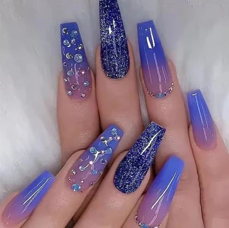 24Pcs Dark Blue Square Head Press on False Nails 3D Ocean Mid-length Fake Nail Wearable Finished Manicure Full Cover Nail Tips