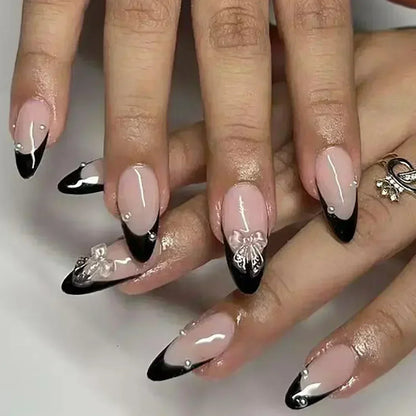 24Pcs Stiletto Press on Nails Glitter Almond False Nails French Tip Fake Nails with Glue Detachable Full Cover Acrylic Nail Tips