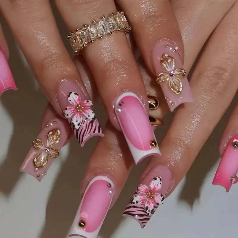 24pcs Mid-length Press on Nails Pink French Full Cover Flower Design Fake Nail Reusable Pearl False Nail with Jelly Glue Nails