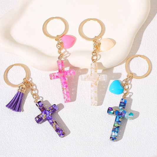 Resin Cross Keychain for Women - Chic Fashion Resin Heart & Tassel Key Ring, Christian Religious Key Pendant for Backpack Purse,