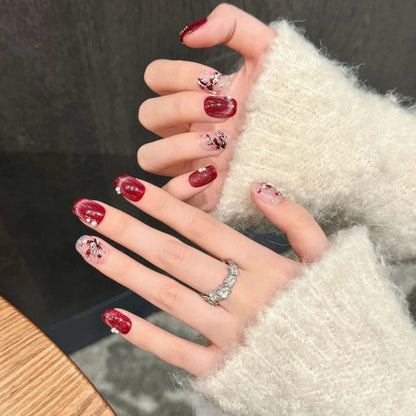 10Pcs Red Cat Eye Handmade Press on Nails Flower Fake Nails Wearable Stick-on Nails Full Cover False Nail Uñas Postizas 네일팁