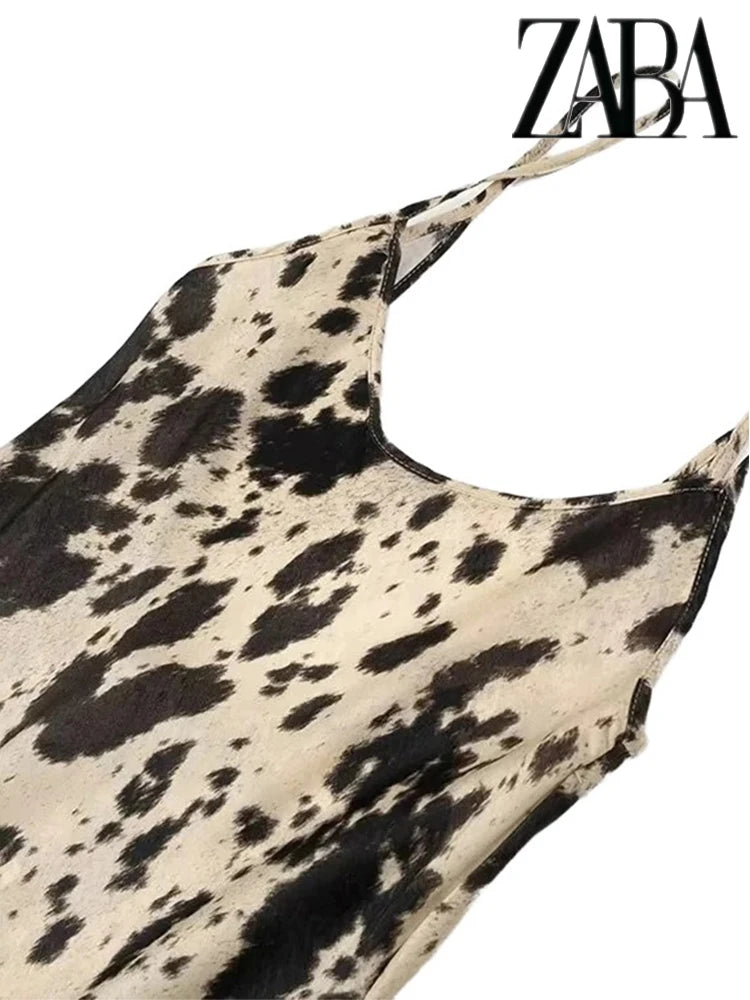 TRAF Women's Silk Textured Leopard Midi Sleeveless Sexy V-Neck Backless Halter Dress Street Fashion Loose Women's Dresses
