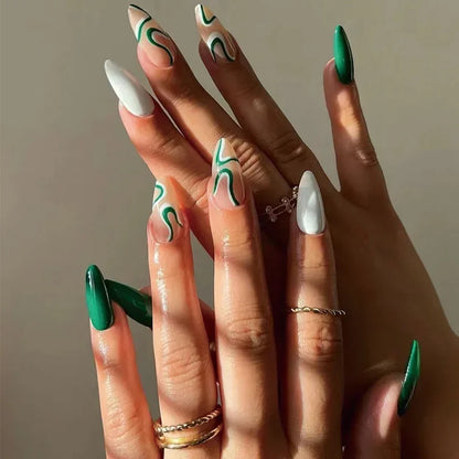 24Pcs Simple Green French False Nails Short Almond Fake Nails with Wave Line Design Wearable Round Head Press on Nail Tips