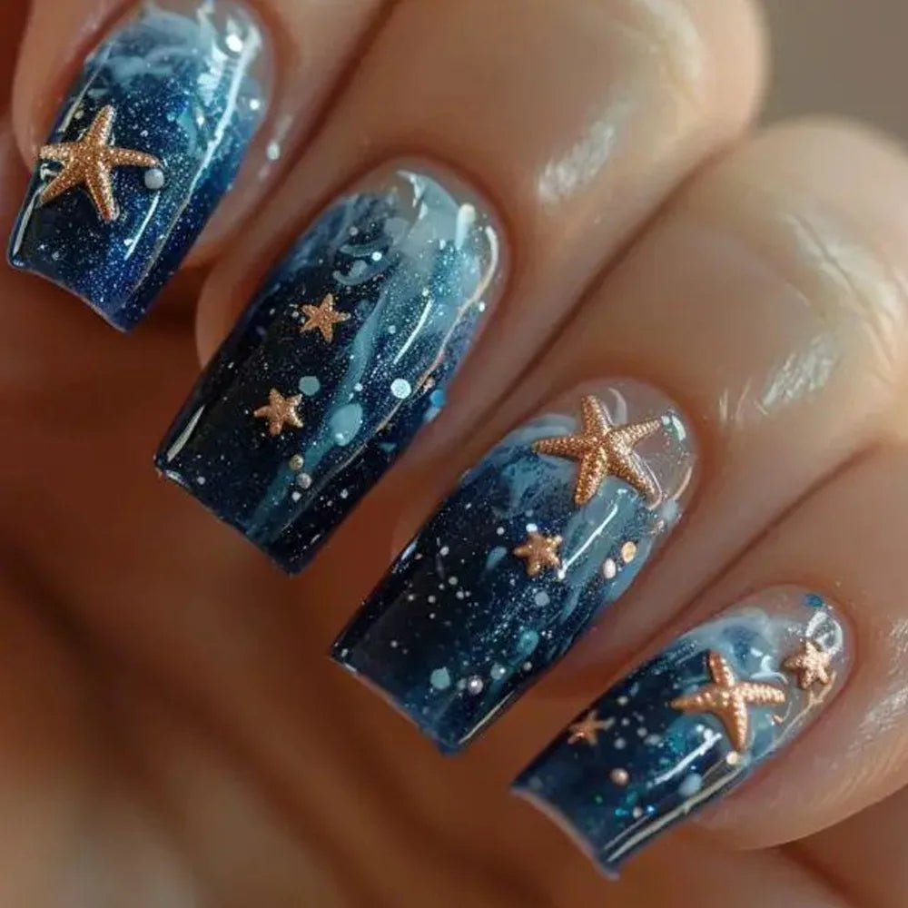 24pcs Wearable Press on Nails Gradient Blue Short Ballet Full Cover Nail Tips with Star Design False Nail Sets Square Fake Nail