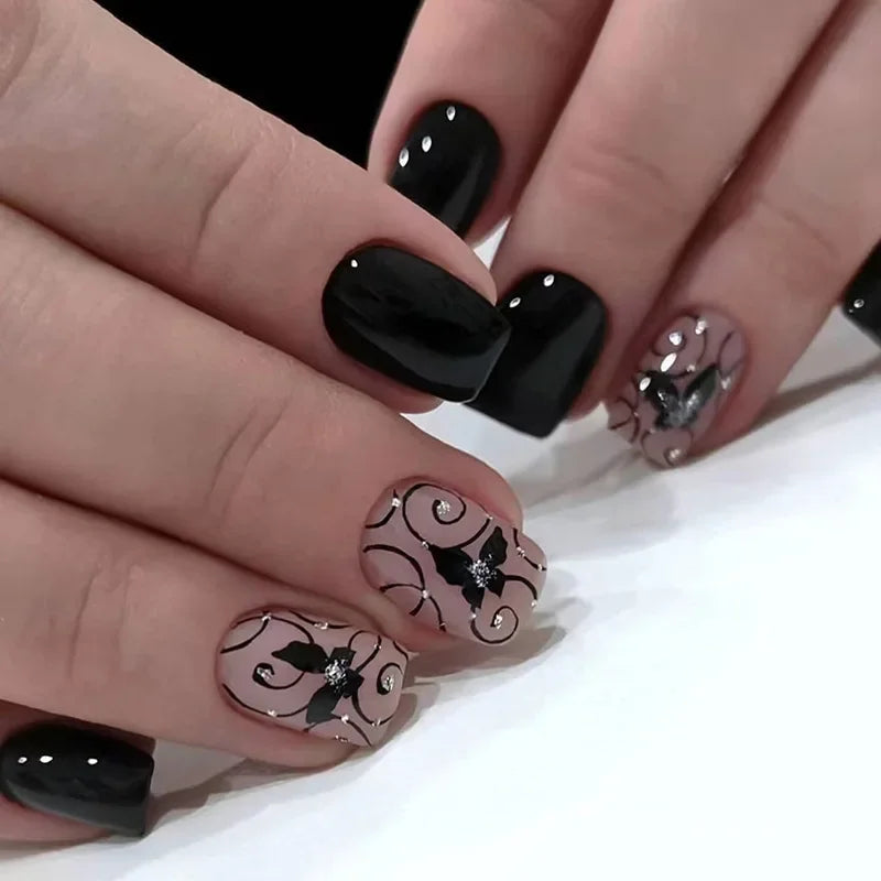 24Pcs Fashion Fake Nails Press on Short Square Head False Nail Art Black Starlit Sky Design Artifical Full Cover Nail Tips