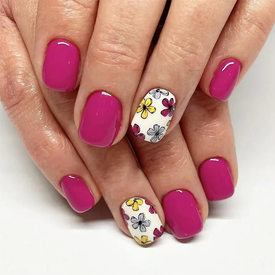 24pcs Short Square Press on Nails Jade Flower Sparkling Powder Designs Fake Nails with Glue Green Gradient Full Cover Nail Tips
