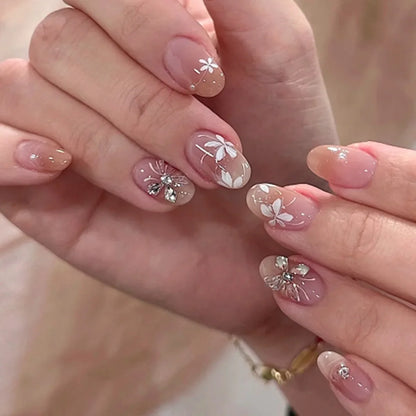 24pcs French Almond Press on Nails Flower False Nails Wearable Stick-on Nails Fake Nail Uñas Postizas Mujer Накладные Ногти 네일팁