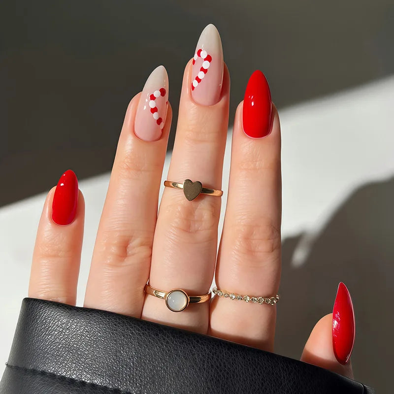 24pcs Christmas Snowflake Almond False Nails Art Wearable Glitter Red Full Cover Nail Tip with Stripe Design Press on Fake Nails